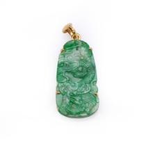 Antique Chinese Carved Jadeite Pendant Mounted in 18K Yellow Gold with Ruby
