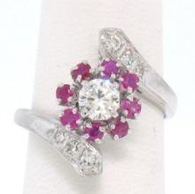 14k White Gold 1.10 ctw Diamond & Ruby Ladies Crossover FINE Cocktail Ring
