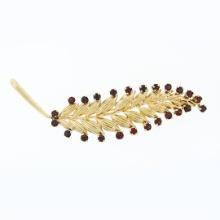 Vintage 14K Yellow Gold Long Textured 1.68 ctw Red Garnet Feather Leaf Brooch Pi