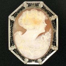 Vintage 14K White Gold Bezel Octagon Open Etched Frame Cameo Pin Brooch Pendant