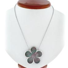 14K White Gold Black Mother of Pearl & Diamond Clover Flower Pendant Necklace