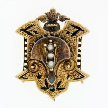 Antique Victorian Etched 18k Yellow Gold Black Enamel & Seed Pearl Brooch Pin