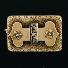 Antique Victorian 14K Gold Etched Textured Floral Brooch Pin & Black Enamel Work