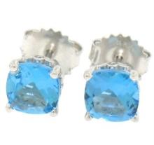 NEW 14k White Gold Cushion Cut Natural Swiss Blue Topaz Solitaire Stud Earrings