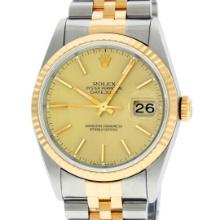 Rolex Mens 18K Yellow Gold And Stainless Steel Champagne Index Fluted Bezel Date