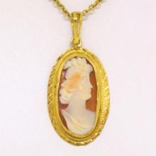 Antique Victorian 10K Yellow Gold Hand Carved & Set Cameo 16" Pendant Necklace