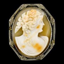Antique 14K White Gold Carved Shell Cameo & Open Filigree Frame Brooch Pendant