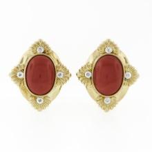 18k Gold GIA Cert. Oval Cabochon Coral & Round Diamond Omega or Clip On Earrings