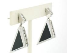 Geometric 18K White Gold Graduated Diamond Black Onyx Inlay Dangle Earrings
