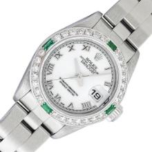Rolex Ladies Quickset White Roman Diamond & Emerald Datejust Wristwatch