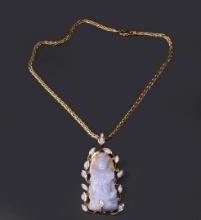 18K Gold, Carved Jadeite & Diamond Pendant & Necklace by Victor Loo