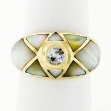 18K Yellow Gold .33 ctw Diamond Mosaic Inlaid Mother of Pearl Domed Wide Band Ri