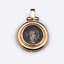18K Yellow Gold Pendant with Rubies and Imperial Roman Coin
