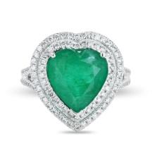 4.19 ctw Heart Shaped Emerald and 0.76 ctw Diamond Platinum Ring (GIA CERTIFIED)