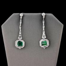 3.18 ctw Emerald and 1.86 ctw Diamond Platinum Dangle Earrings