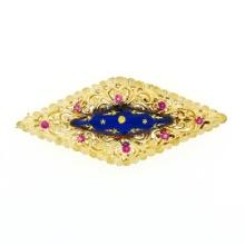Vintage 18k Gold Round Ruby & Dark Blue Enamel Long Marquise Filigree Brooch Pin