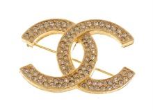 Chanel Vintage Gold-tone Metal CC Rhinestone Brooch
