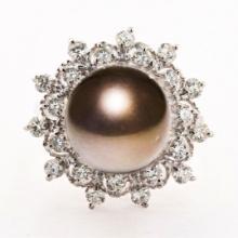 12.9mm Tahitian South Sea Pearl and 1.16 ctw Diamond 14K White Gold Ring