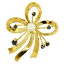 Vintage 18k Yellow Gold Multi Ribbon Sapphire and Pearl Elegant Pin Brooch