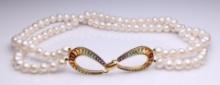 Double Strand Pearl Necklace With 14K Yellow Gold & Graduated Tourmaline Clasp