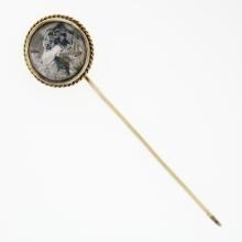 Vintage 14k Gold Round Miniature Hand Painted Portrait w/ Twisted Wire Stick Pin