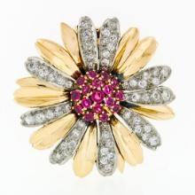 Vintage 14k Two Tone Gold Ruby Cluster & Diamond Layered Daisy Flower Brooch Pin