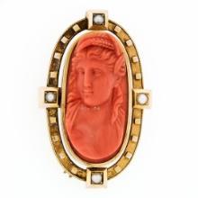 LARGE Antique Victorian 18k Gold GIA NO DYE Carved Coral Cameo Pearl Brooch Pin
