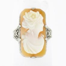 Antique 10k Gold Rectangular Carved Shell Cameo Etched Floral Open Filigree Ring