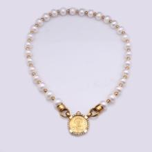 18K Yellow Gold & Pearl Choker with Gold Byzantine Solidus