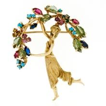 14k Gold 2.96 ctw Multi Colored Natural Gemstone Detailed Lady Wreath Pin Brooch
