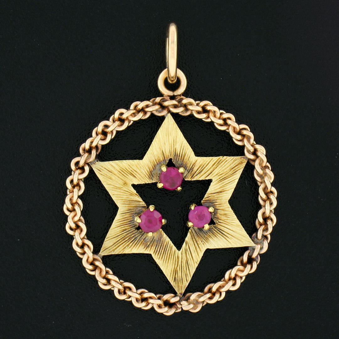 Vintage Israeli 14K Gold Open Star of David Red Stone Rope Circle Frame Pendant