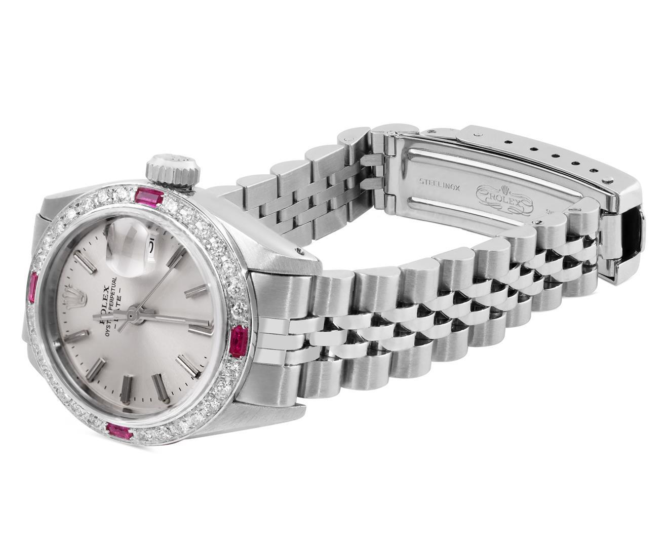 Rolex Ladies Stainless Steel Silver Index Dial 18K White Gold Diamond And Ruby B