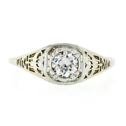 Antique Art Deco 18k White Gold 0.45 ctw European Diamond Solitaire Filigree Rin