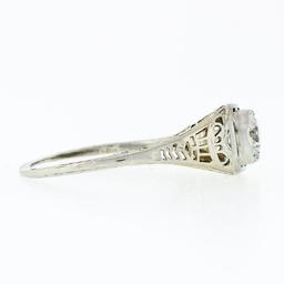 Antique Art Deco 18k White Gold 0.45 ctw European Diamond Solitaire Filigree Rin