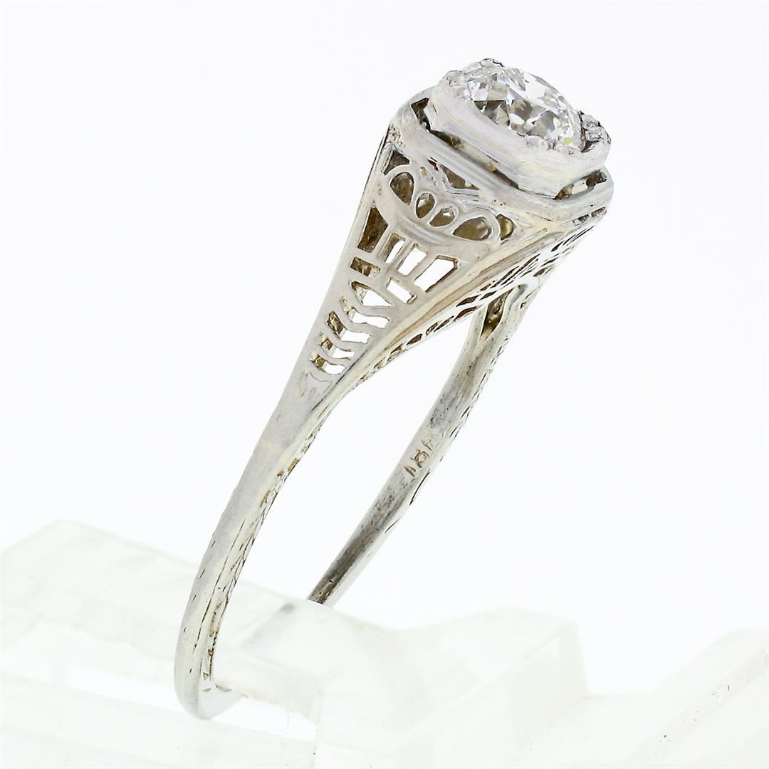 Antique Art Deco 18k White Gold 0.45 ctw European Diamond Solitaire Filigree Rin