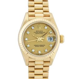 Rolex Ladies 18K Yellow Gold Champagne Diamond Dial President Wristwatch