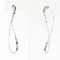 Italian 18K White Gold 0.25 ctw Round Diamond 50mm Large Wavy Modern Hoop Earrin