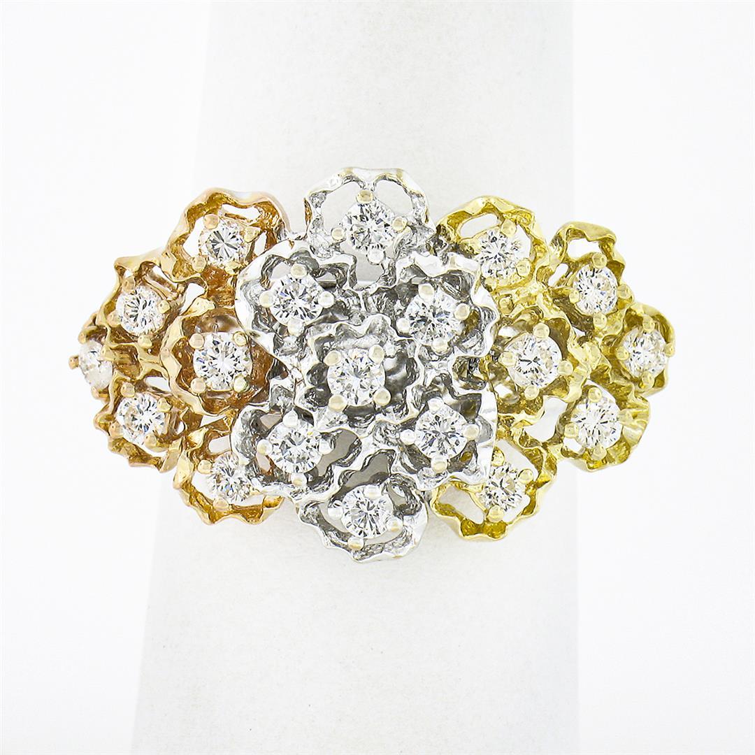 18K Tri Color Gold 0.75 ctw Round Diamond Flexible Moving Top Floral Textured Ri