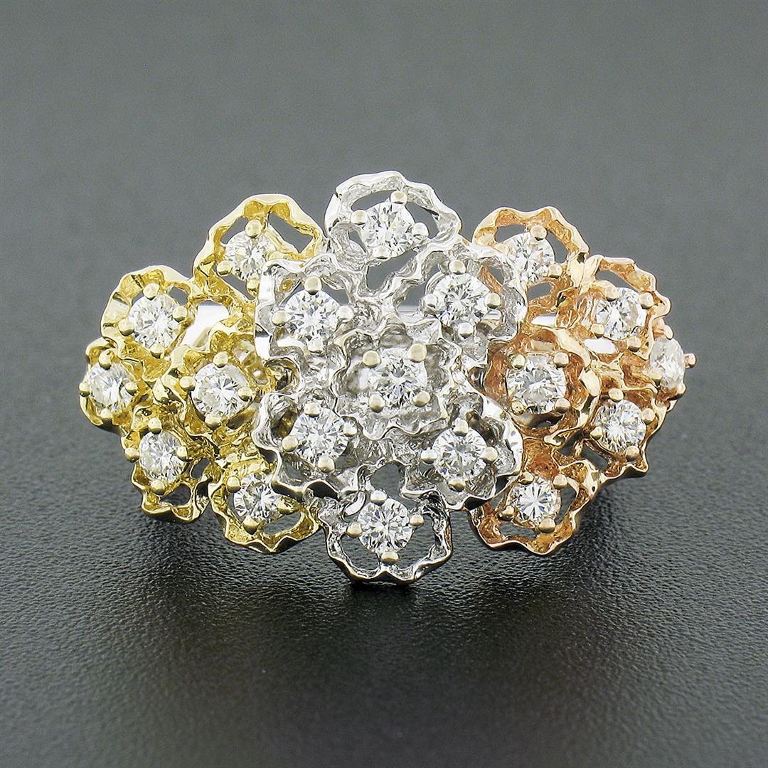 18K Tri Color Gold 0.75 ctw Round Diamond Flexible Moving Top Floral Textured Ri