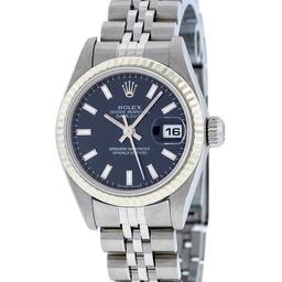 Rolex Ladies Quickset Stainless Steel Blue Index 26MM 18K White Gold Bezel Datej