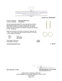 2.50 ctw Diamond Hoop Earrings - 14KT Yellow Gold