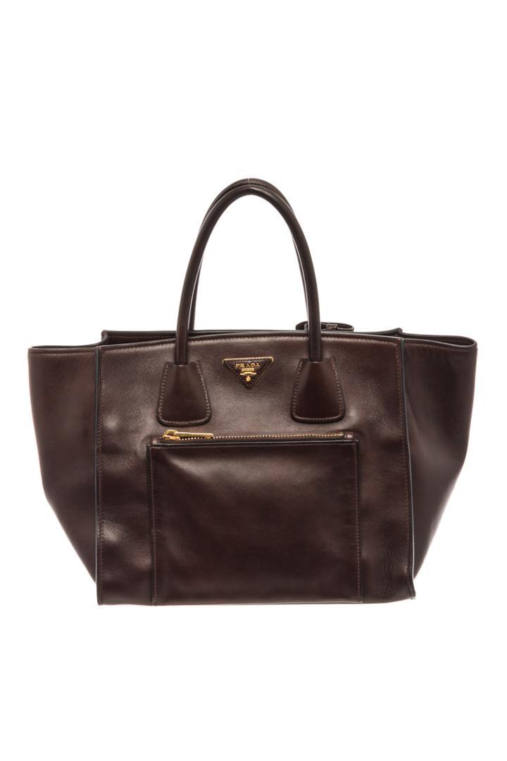 Prada Brown Nero Glace Calf Leather Double Tote Bag