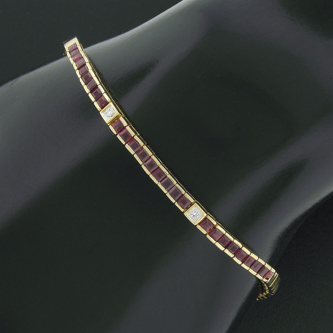 Vintage 14k Gold 2.03 ctw Red Ruby & Diamond 7" Polished Square Link Line Bracel