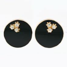 Large Vintage 14k Yellow Gold Bezel Black Onyx & 0.60 ctw Diamond Button Earring