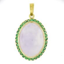 Vintage 18k Gold Oval Cabochon Lavender Jade w/ Green Stone Frame Large Pendant