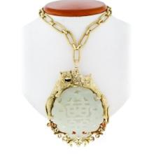 Vintage Large 14k Gold Carved Pierced Jade Pendant w/ Detailed Dual Cat Frame