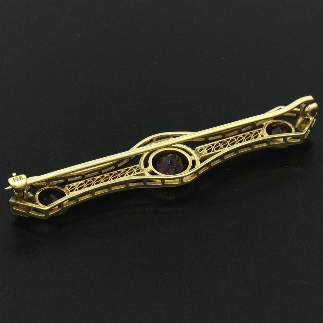 Antique Art Nouveau 14k Yellow Gold 2.20 ctw Old Round Garnet Filigree Pin Brooc