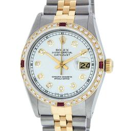 Rolex Mens Two Tone Silver Diamond And Ruby 36MM Datejust Wristwatch