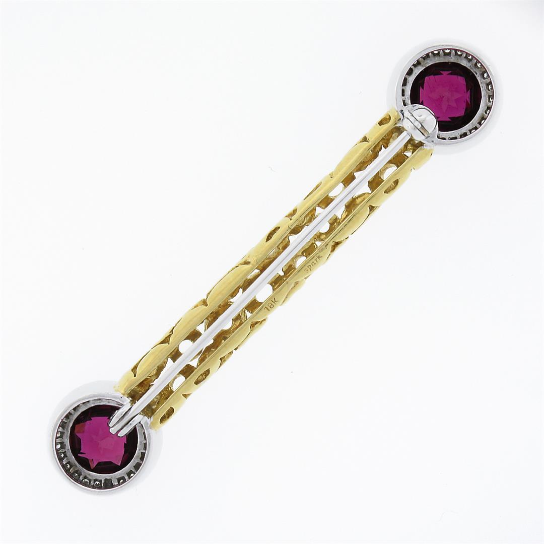 Unique 18k TT Gold Rubellite Tourmaline Diamond Open Circle Work Bar Pin Brooch