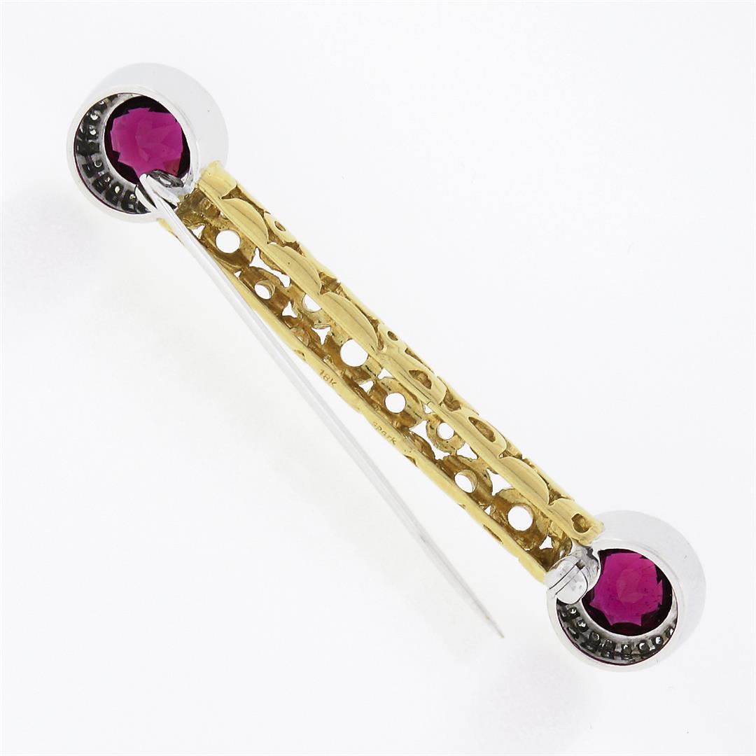 Unique 18k TT Gold Rubellite Tourmaline Diamond Open Circle Work Bar Pin Brooch